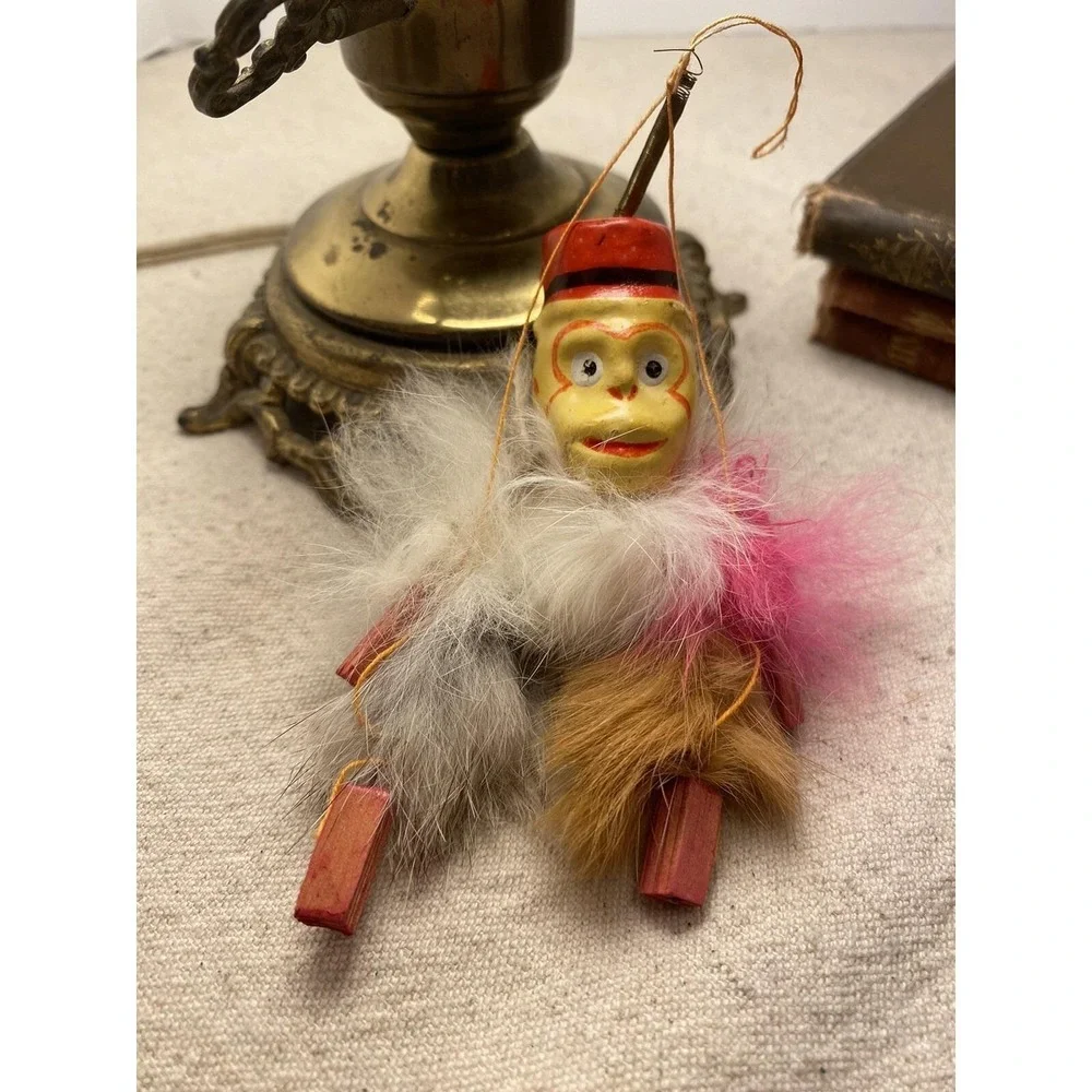 Antique Celluloid Monkey toy Hanging Bouncy Spring Feathers